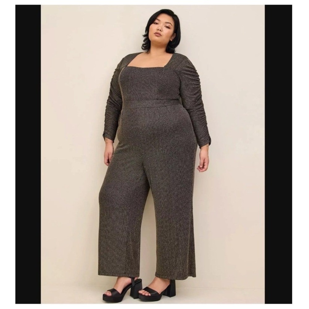 Torrid Womens Gold Glitter Knit Long Sleeve Ruched Sweetheart Neck Jumpsuit 20